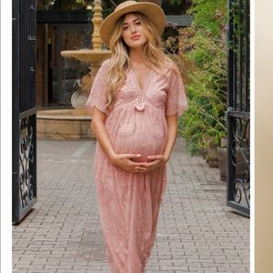 Pink blush lace overlay maxi maternity dress